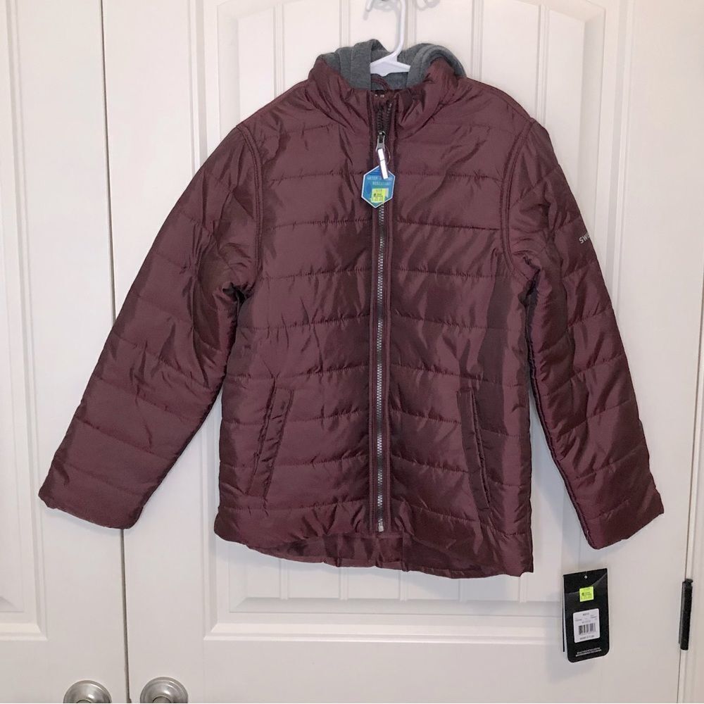 Swiss Alps micro puffer Cabernet burgundy color with full and hood boys size M